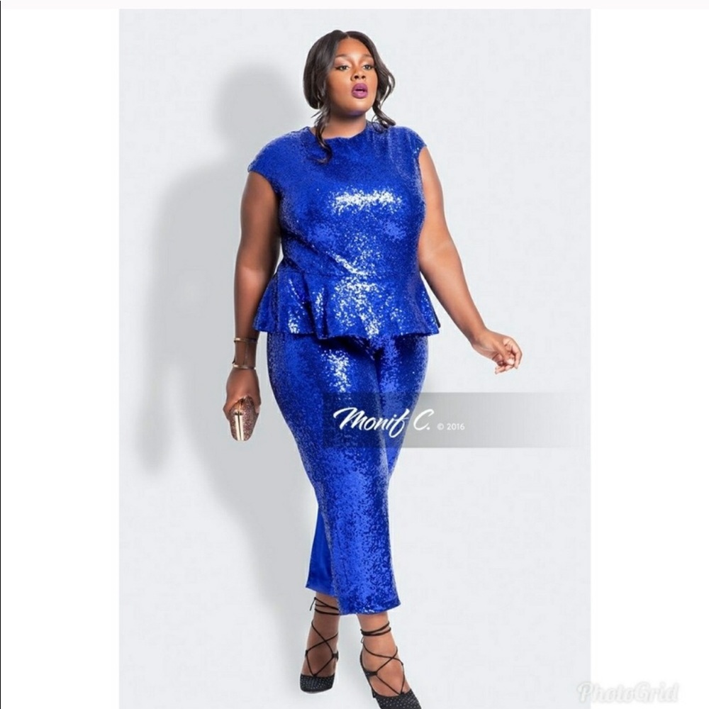 NWT Blue Sequin Peplum Jumpsuit